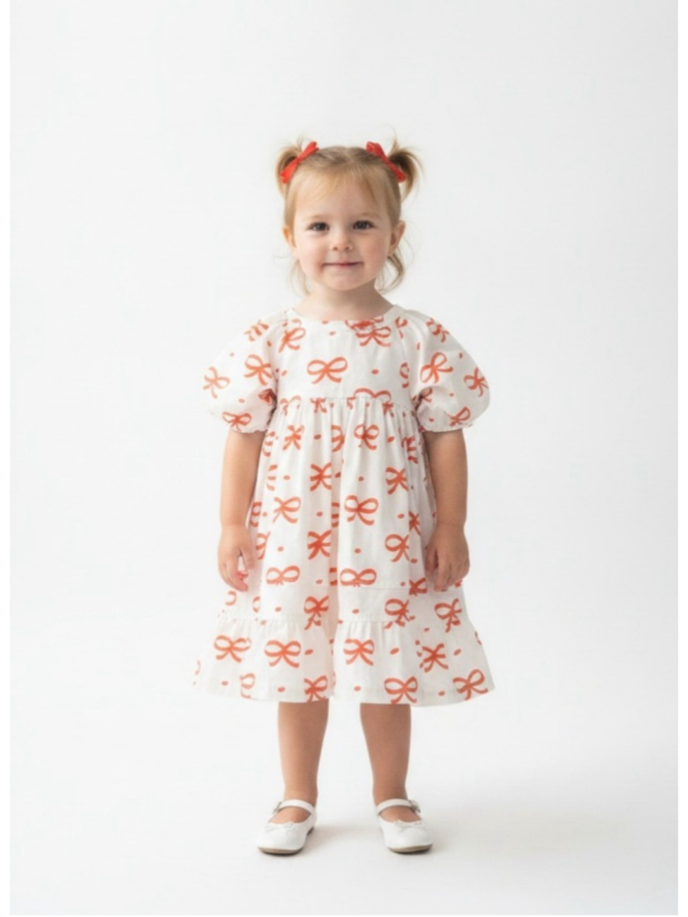 Maison Me Bow Print Casual Dress, Size 3T, White + orange